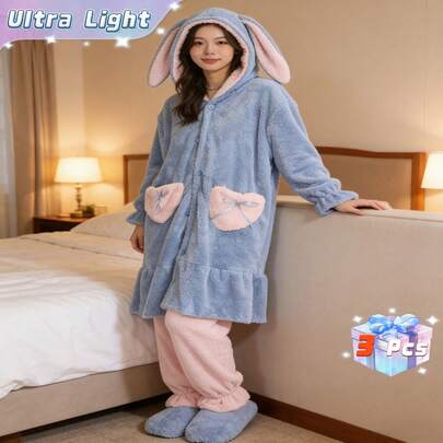 A 3 Pieces Set Of Blue Pajamas (Including Top, Pants, And Shoes) With A Fashionable Style Of Pajamas, Pants, And Shoes, Soft And Comfortable, Suitable For All Seasons. Ladies' Comfortable Coral Wool Hooded Pajamas - A Warm And Soft Home Accessory With Pockets, Machine Washable - An Ideal Choice For Autumn And Winter.