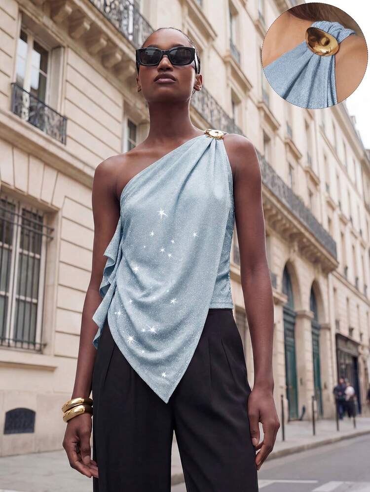 SHEIN Maija Women's Glitter Asymmetric Shoulder Top St Patrick's Day Women Easter Summer Women Party Top Beach Summer Holiday Each Vacation For Women Summer For Women Going Out Graduation Casual Top For Women