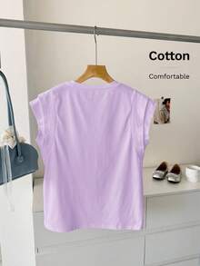 SHEIN LUNE Women's Casual Everyday Commute Solid Color Comfortable Cotton Short Sleeve T-Shirt, Summer Plain Tshirt For Women Basic Tops For Women Cotton Blouse For Women Casual Cotton Short Sleeve Casual Top Comfortable Casual Tops,Summer Top - Mauve Purple - View 2