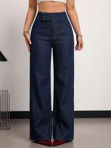 SHEIN Tall Quần jeans nữ ống rộng cạp cao phong cách Y2K màu xanh đậm, cạp quần bất đối xứng, dáng rộng có túi, hoàn hảo cho phong cách đường phố và trang phục hàng ngày. - màu đen - Xem 4