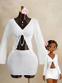 Vaytide Spring/Summer Hot-Selling Special Fabric Wide Collar Front Drawstring Flare Sleeve Top + Special Fabric A-Line Skirt 2 Pieces Set - White - View 2