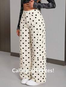 SHEIN PETITE Women's Polka Dot Pocket Button Casual Versatile Daily Wear Wide Leg Jeans - Beige - View 7