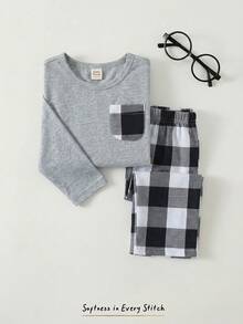 Cozy Pixies 2pcs Baby Boy Colorful Plaid Decor Pocket Round Neck Long Sleeve Pullover Top And Elastic Waist Pants Set - Multicolor - View 2