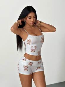 SHEIN PETITE 2pcs Cute Teddy Bear Bow Lace Detail Tank Top And Ruffle Trim Shorts Set For Women, Summer - White - View 8