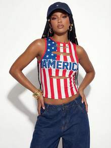 Gowayae Gowayae Áo tank top ngắn tay ôm sát, gợi cảm, in hình cờ Mỹ theo phong cách cổ điển dành cho nữ. - Đỏ và trắng - Xem 1