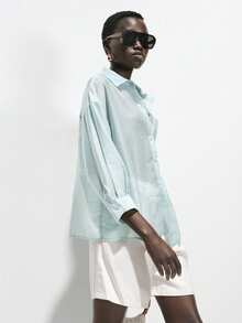 Lumivelle 女士休闲透视口袋衬衫，适合通勤、休闲和度假，春夏款 - 藍色 - 查看 5