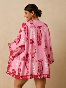 Cubre de talla grande para mujer con estampado de peces en color albaricoque, kimono de gasa, de manga media larga, romántico, para primavera temprana, camisa con estampado térmico de primavera para la playa - Rosa - Ver 5