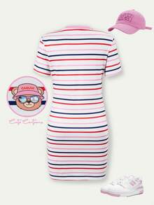 SHEIN Casuvi Kids Casuvi 女童针织数码多色条纹印花舒适弹力修身短袖T恤裙，卡通熊头装饰，美式休闲时尚，适合春夏日常穿着 - 彩色 - 查看 2