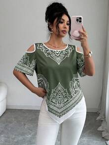 SHEIN Elenzya 优雅度假通勤黑白不对称下摆女士短袖衬衫 - 橄欖綠 - 查看 1