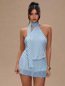 SHEIN BAE Đầm không tay in họa tiết chấm bi dành cho nữ - Màu xanh lam - Xem 7