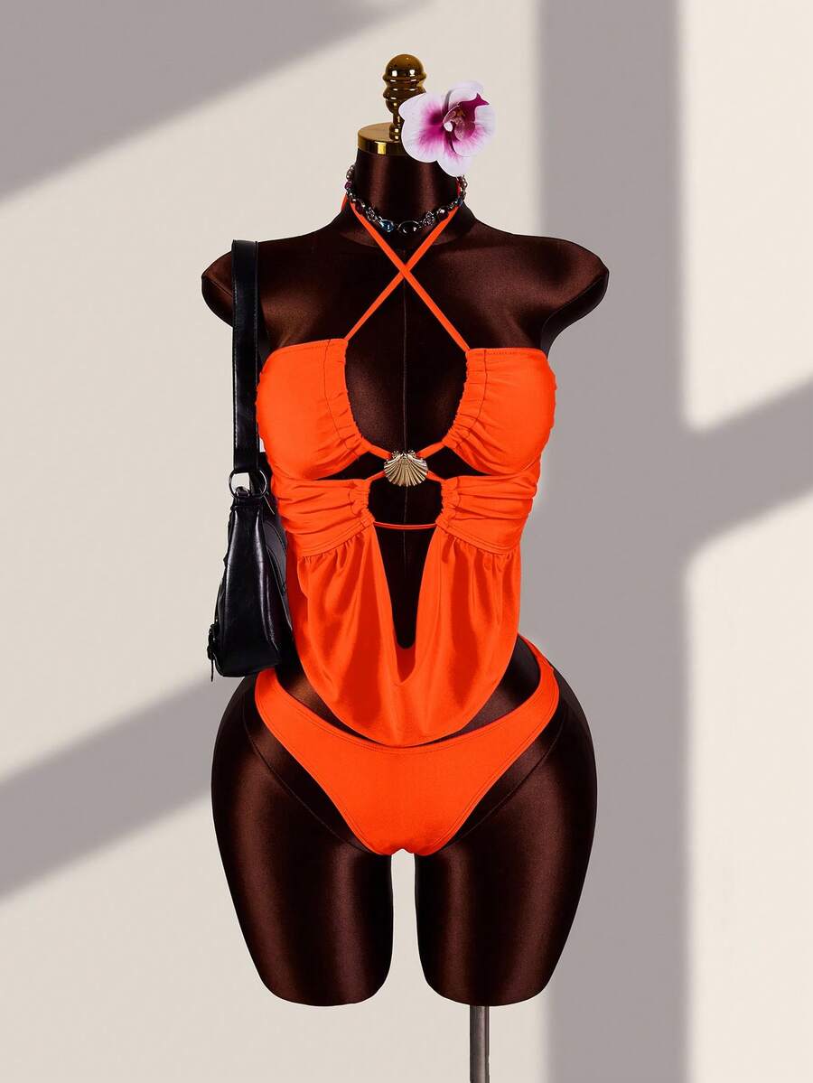 Zestiva Bộ bikini 2 mảnh gợi cảm dành cho nữ, gồm áo hai dây và bikini, cổ khoét sâu, đính hạt lấp lánh và in họa tiết ánh kim, dây xích kim loại viền lượn sóng, thích hợp cho kỳ nghỉ biển. - trái cam - Xem 1