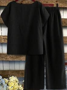 EMERY ROSE Plus Size Women's Spring/Summer Asymmetrical Collar Floral Puff Sleeve Regular Shirt + Elastic Waist Loose Casual Pants 2-Piece Set - Black - View 2