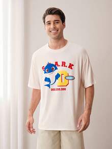 BABY SHARK X SHEIN Áo thun nam tay ngắn in chữ và hoạt hình, kiểu dáng thường ngày, đa năng. - Màu be - Xem 5