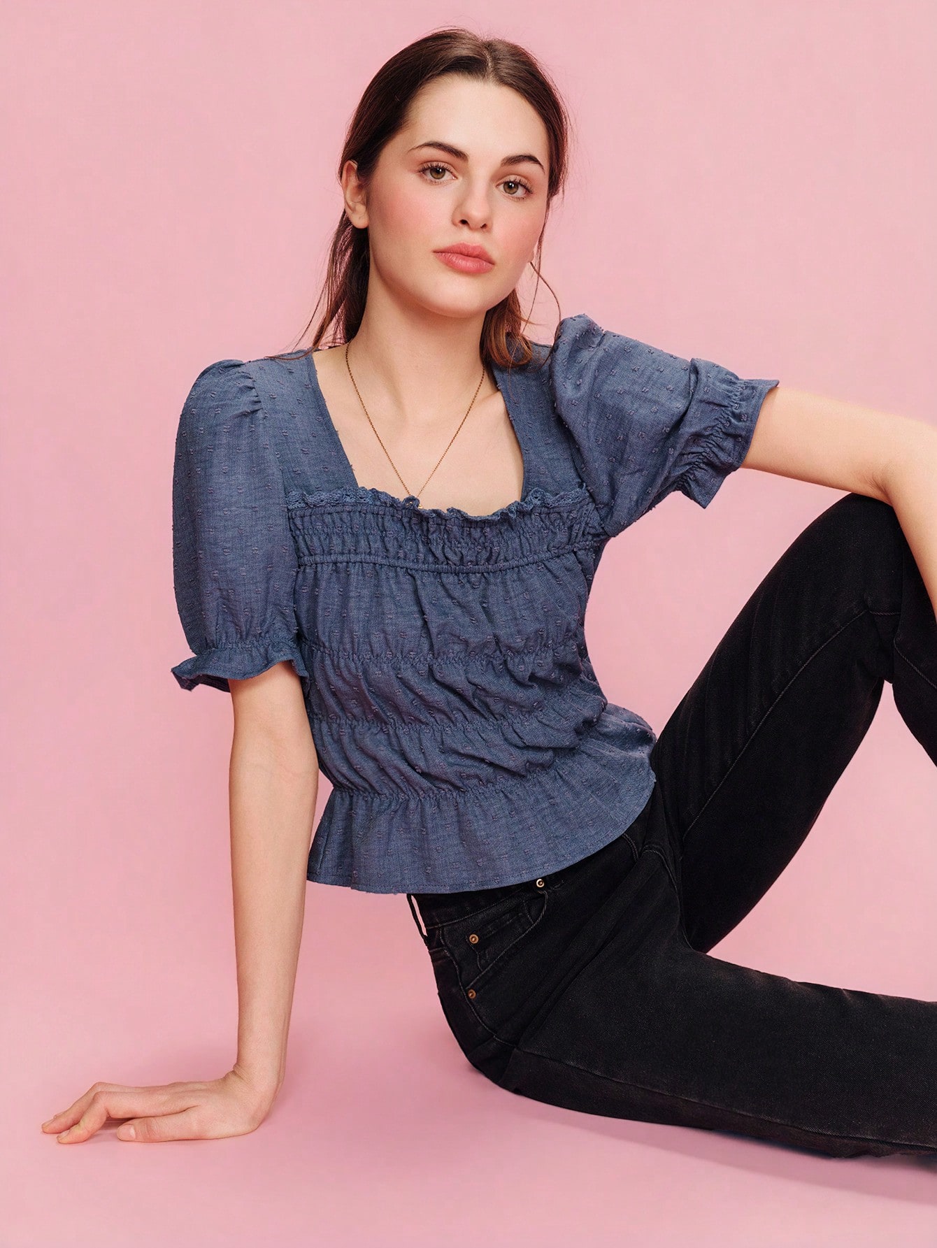 Blue Square Neck Top With Puff Short Sleeves, Ruffle And Crochet Trim Details Spring Summer French Style Parisian Style Vintage Top Cute Summer Top Office Top Vintage Top