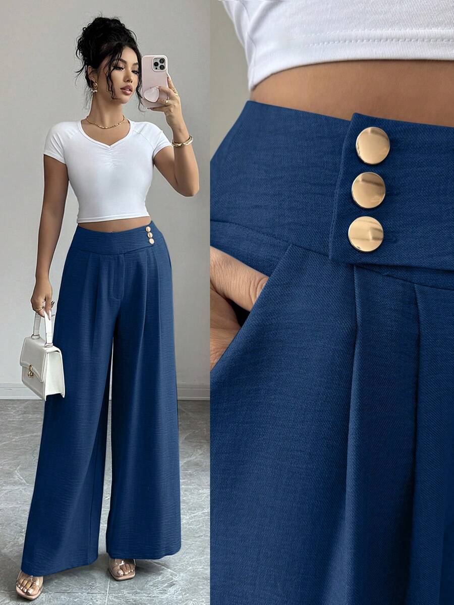 Elenzga Calça feminina elegante, moderna e urbana, azul-clara, de cintura alta e modelagem flare com botões dourados. Ideal para uso diário, casamentos, eventos de gala, trabalho, formaturas, feriados, férias, encontros, festas, Halloween, Natal, Ano Novo, Dia de Ação de Graças e casamentos. - Azul marinho - Ver 1