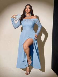Viva Relle Sexy Fitted Off-Shoulder Mesh Long Sleeve Plus Size Dress - Blue - View 5