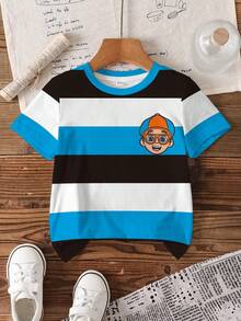 Blippi X SHEIN Young Boy Striped & Cartoon Character Print Round Neck Short Sleeve T-Shirt - White - View 1