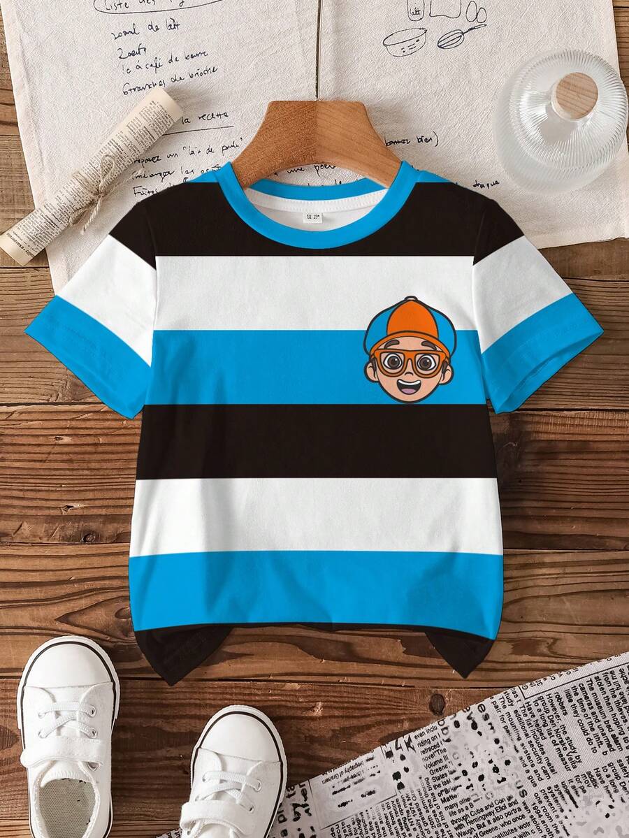 Blippi X SHEIN Young Boy Striped & Cartoon Character Print Round Neck Short Sleeve T-Shirt - White - View 1