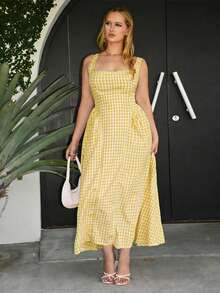 Flirla Plus Size French Romantic Plaid Strap Dress, Elegant For Spring, Summer, Fall, Vacation, Graduation - Light Yellow - View 5