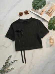 Franclia Áo thun nữ thời trang, thanh lịch, gợi cảm, ôm sát, cổ tròn, tay ngắn, thắt nơ. - màu đen - Xem 5