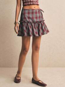 Poéselle 女士格子百褶休闲百搭日常迷你裙 - 紅色 - 查看 6