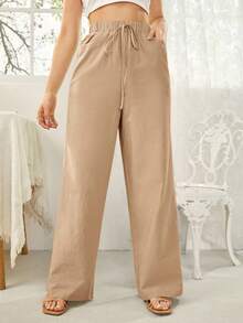 SHEIN Essnce Women's Solid Color Tie Waist Casual Loose Pants - Camel - View 4