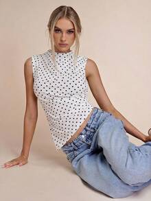 SHEIN BAE Áo tank top nữ in chấm bi, cổ đứng, vạt bất đối xứng. - trắng - Xem 6