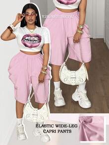Maweii Plus Size Women Pink Draped Wide Leg Shorts - Pink - View 1