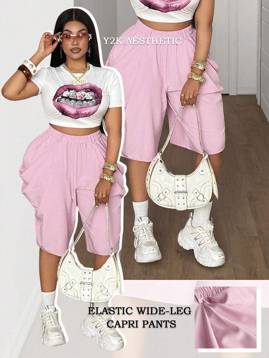 Maweii Plus Size Women Pink Draped Wide Leg Shorts - Pink - View 1