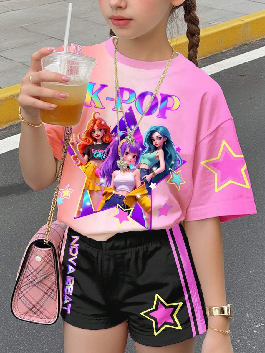2pcs Tween Girls Ombre, K-POP Cartoon Girl Print Casual Basic Crew Neck Short Sleeve T-Shirt And Shorts Set, Suitable For Spring/Summer Daily Wear & Outings - Multicolor - View 1