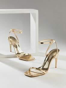 SHUZIA Women's Elegant Minimalist Square Toe Ankle Strap Stiletto Heel Sandals Summer Shoes - Gold - View 7