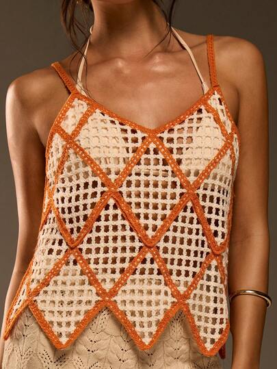 Athîral Women's Casual Vacation Knitted Vest Sleeveless Checkered Shirt, Spring And Summer Outfits, Women's Casual Tops, Orange Beige Checkered Knitted Tops, Date Party Outfits, Hollowed Out Tops, Sexy Vacation Outfits, Music Festival Outfits,
