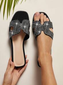 SHUZIA Giày xỏ ngón hở mũi đính đá Rhinestone Pewter lấy cảm hứng từ Luxe dành cho nữ bán chạy nhất mọi thời đại – Giày mùa xuân lấp lánh, sáng bóng và sang trọng - màu đen - Xem 3