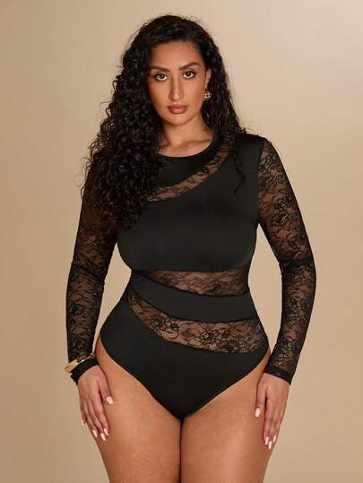 SHEIN BAE Body de manga larga con encaje y parches sexy para mujer de talla grande