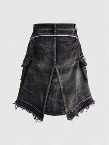 ROMWE Avant Women's Retro Vantage Y2K Vintage Style A-Line Denim Skirt With Pockets - Black - View 2