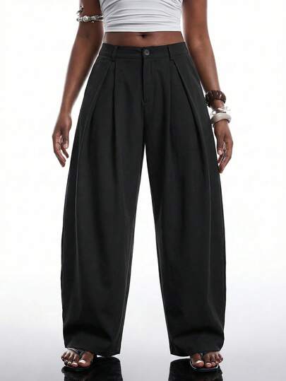 SHEIN EZwear Quần ống rộng màu xanh ô liu, dáng rộng, phong cách đường phố cổ điển, cỡ lớn, thu/đông