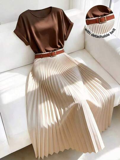 SHEIN Franclia Urban Elegant Commuting Outfit: Loose Round Neck Short Sleeve Coffee T-Shirt Paired With Midi A-Line Pleated Khaki Skirt, Women Spring/Summer 2-Piece Set
