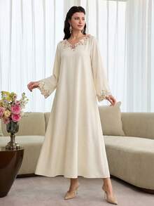 Yasmyna Women Summer Al-Adha Cream 3D Floral Embroidered Maxi Dress,Elegant V-Neck Long Sleeve Arabic Abaya,Modest Flowy A-Line Spring Wedding Guest Gown - Apricot - View 7