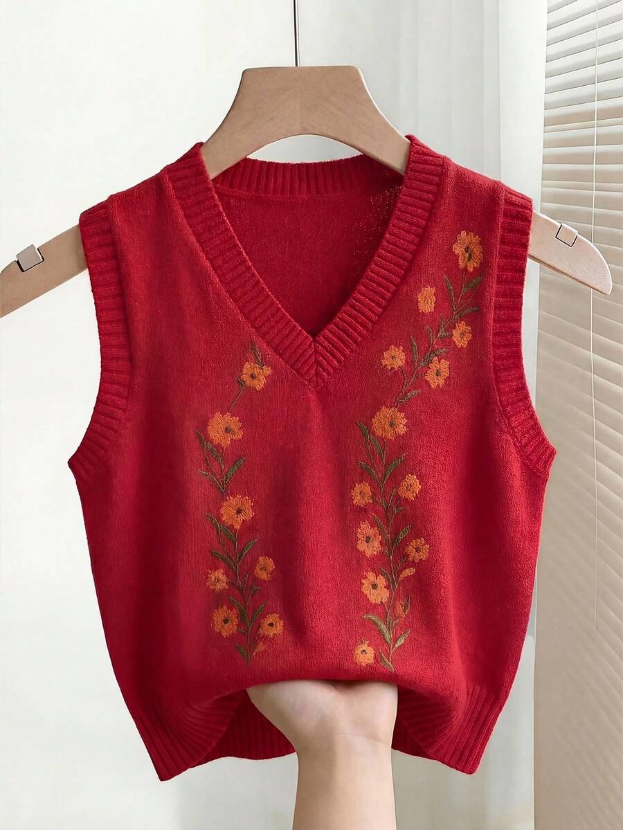 SHEIN LUNE 2025春夏新款叠层设计复古印花V领女士针织背心 - 紅色 - 查看 1