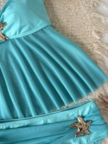 SHEIN Tween Girl Mermaid Light Teal Summer Cute Beach Holiday Swimwear,Mesh Ruffle Metal Starfish Halter Tankini Set,Hawaii Island Two Pieces Bathing Suit - Mint Green - View 6