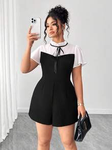 Elenzga Plus Size Contrast Color Minimalist Short Sleeve Jumpsuit - Black and White - View 4