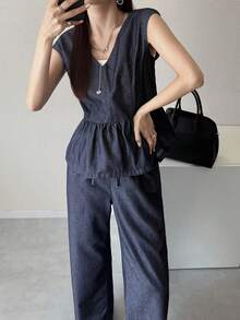 FRIFUL Bộ áo gile và quần jean cổ chữ V dành cho nữ - Màu xanh lam - Xem 5