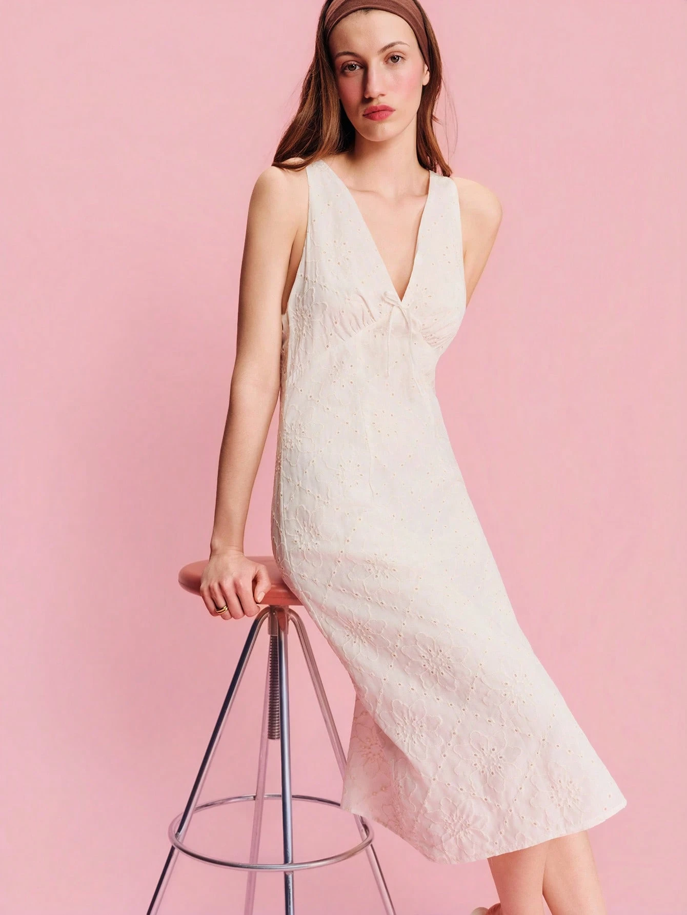 White Embroidered Midi Dress With Deep V Neckline Spring Summer French Style Parisian Style Holiday Dress Festival Dress Casual Dress Embroidered Floral Dress