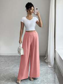 Elenzga Women's Dusty Pink,Summer,Elegant,Brunch,Office High-Waisted Gold Button Flared Leg Pants,Urban Fashion Light Blue Trousers For Wedding,Gala,Commute - Pink - View 4