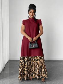 Maweii Plus Size Women Elegant Vintage Lace Patchwork Sleeveless Dress - Burgundy - View 6