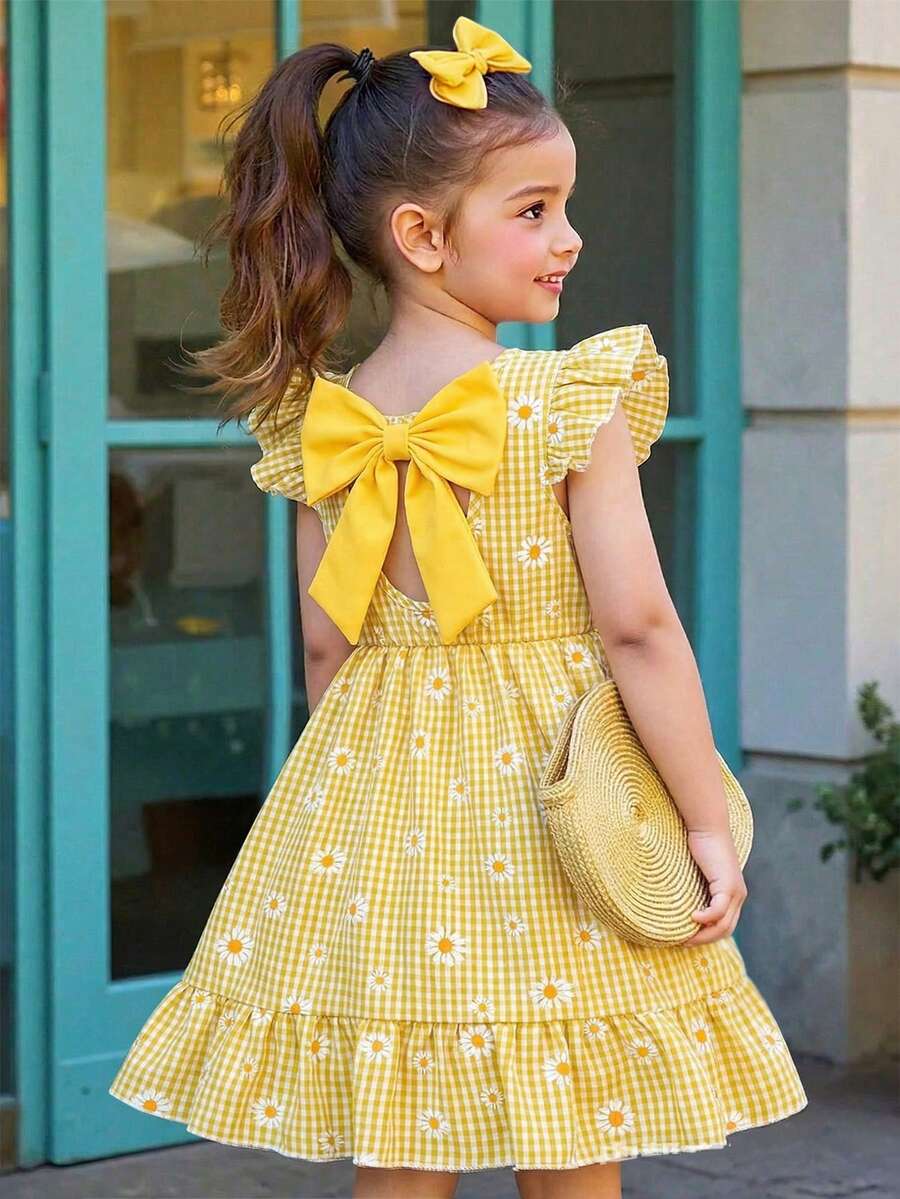 SHEIN Elladie kids 少女优雅格子碎花圆领喇叭袖露背蝴蝶结腰部荷叶边下摆休闲连衣裙,适合日常穿着、度假、乡村风格 - 黃色 - 查看 1