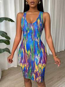 Eryvara Tie Dye Pleated Slim Fit Sleeveless Bodycon Dress For New Year Clothes - Blue - View 5