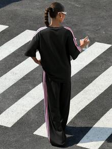 Muchica 女士夏季新款复古棕色编织肩带拼接休闲宽松两件套 - 黑色 - 查看 3