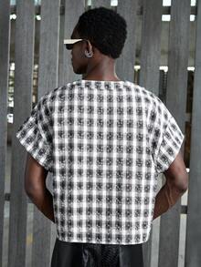 NEON BLANC Kemeja Pria Lengan Pendek Bordir Motif Bunga Cetak Digital - Hitam dan Putih - View 3