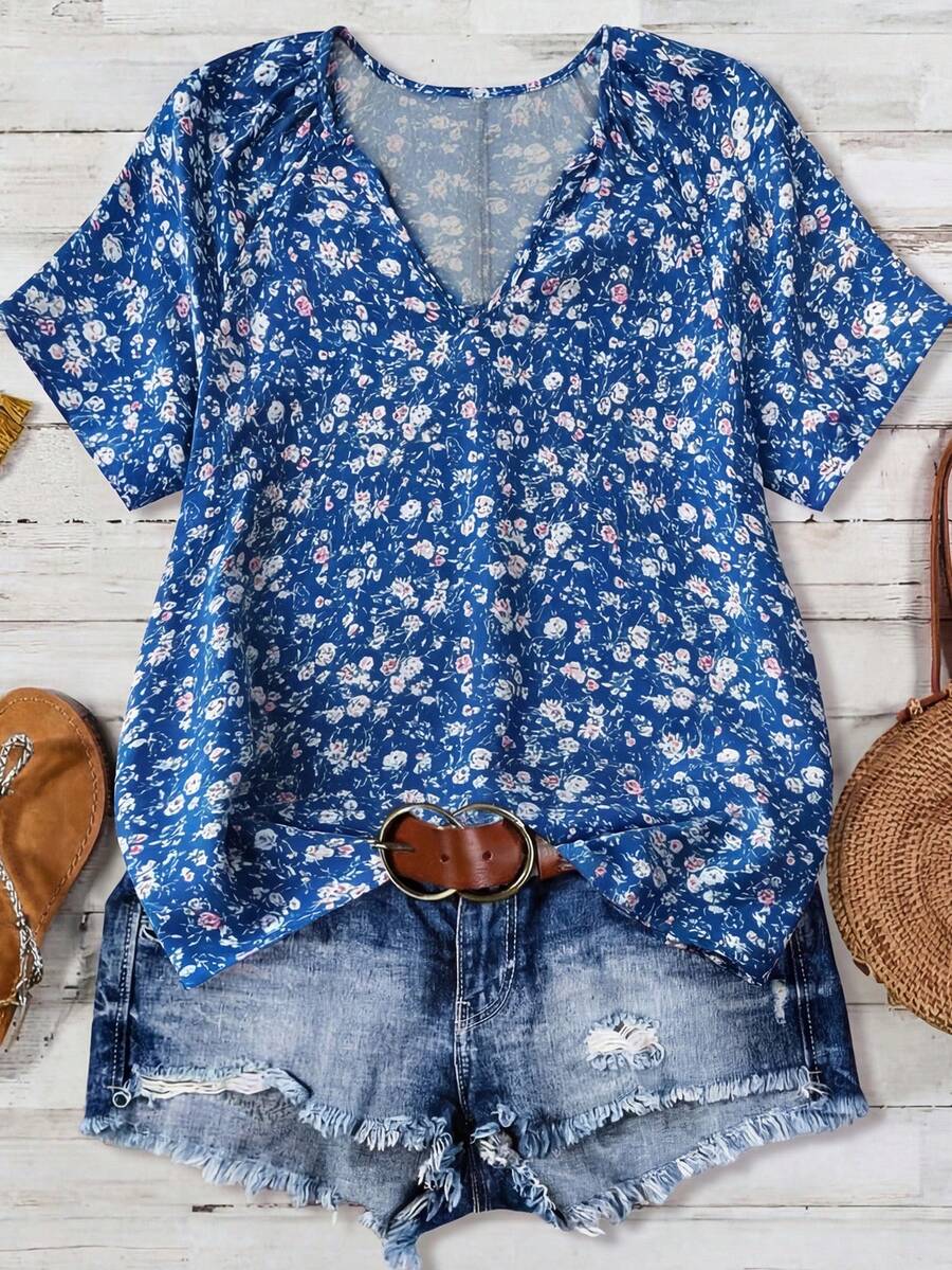EMERY ROSE Áo kiểu nữ cổ tròn chữ V tay ngắn họa tiết hoa nhí màu xanh lá cây, thích hợp cho mùa hè. - Rửa tối - Xem 1
